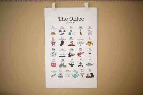 A colorful alphabet poster featuring illustrations related to "The Office" TV show, with each letter represented by an image.