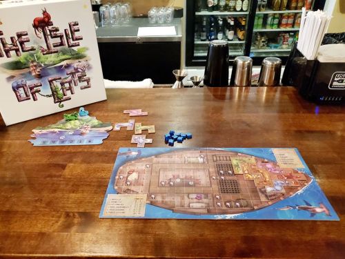 A wooden table displays the board game "The Isle of Cats," with pieces and a game box in a bar setting.