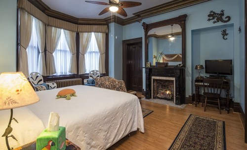 Cozy bedroom with a bed, fireplace, vintage decor, and large windows, featuring a turtle on the bed and a small desk.
