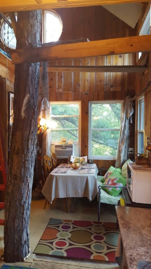 Cozy interior of a wooden cabin with a table, chairs, and large windows showcasing greenery outside.