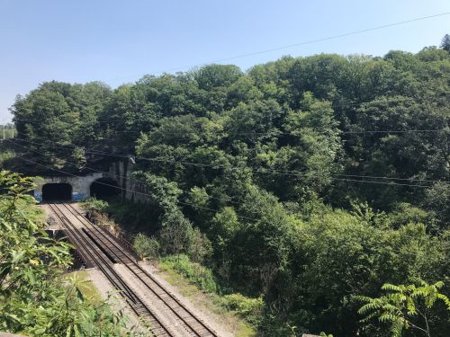 A view of a railway track leading into a dark tunnel, surrounded by lush green trees and clear blue sky.