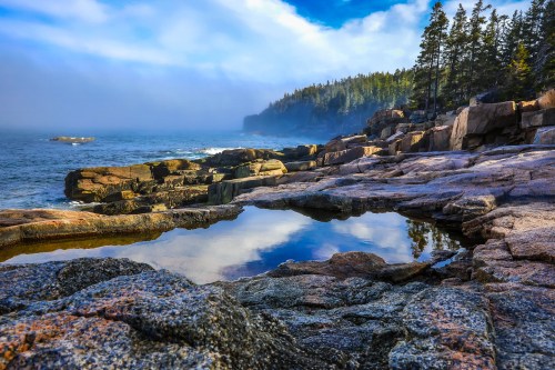 Rocky coastline with a calm tide pool reflecting the sky, surrounded by trees and misty cliffs in the background.