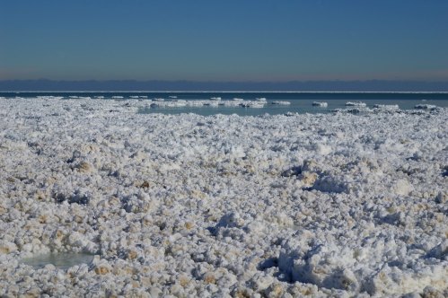 A vast expanse of salt flats with scattered salt formations under a clear blue sky and distant mountains.