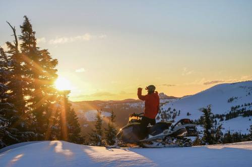 A person on a snowmobile raises their hand in celebration against a sunset backdrop in a snowy landscape.