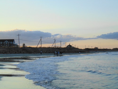 A serene beach at sunset with gentle waves, people walking along the shore, and houses in the background.