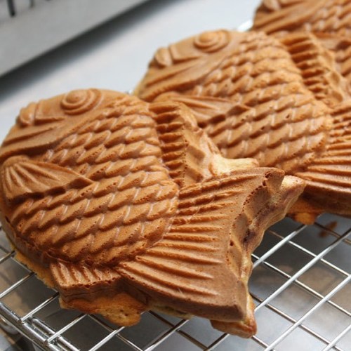 Two golden-brown taiyaki fish-shaped pastries cooling on a wire rack.