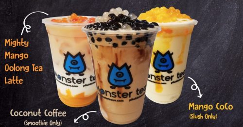 Three colorful drinks from Monster Tea: Mighty Mango Oolong Tea Latte, Coconut Coffee, and Mango Coco.