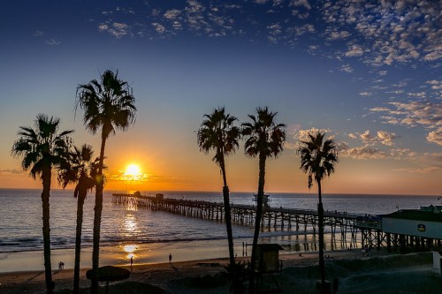 Sunset over a pier with palm trees in the foreground, reflecting on calm ocean waters and a colorful sky.