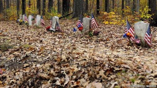 Graves marked with flags and flowers in a wooded area, surrounded by fallen leaves and autumn foliage.