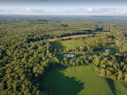 Aerial view of a lush green landscape with a large estate surrounded by trees and open fields.