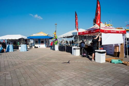 A sunny outdoor event with tents, vendors, and colorful flags along a paved area by the water.