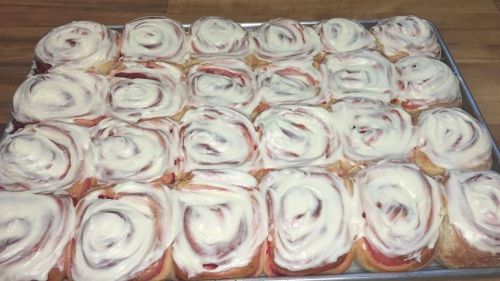 A tray of freshly baked cinnamon rolls topped with creamy icing, arranged in a neat grid pattern.