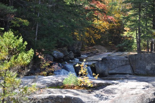 A serene landscape featuring a small waterfall surrounded by colorful autumn foliage and rocky terrain.