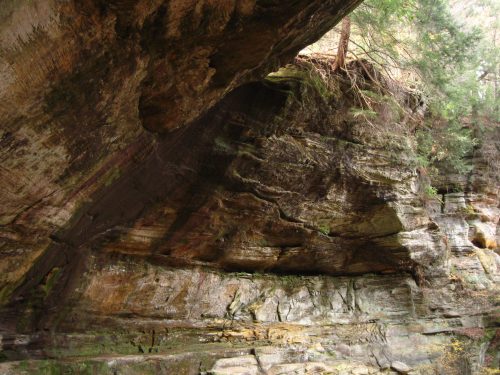 Rocky cliff face with layered textures and greenery above, showcasing natural erosion and geological formations.