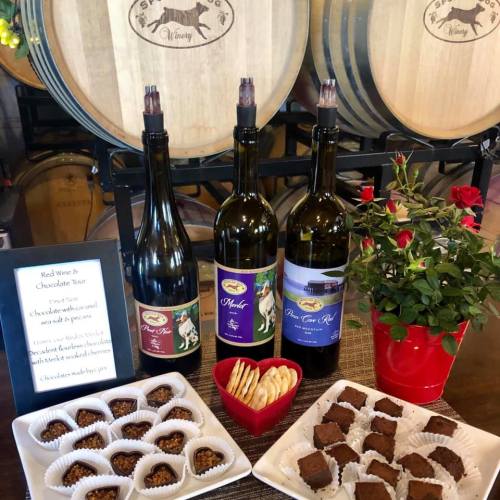 A display of wine bottles, chocolates, and snacks with a sign for a wine and chocolate tour at a winery.