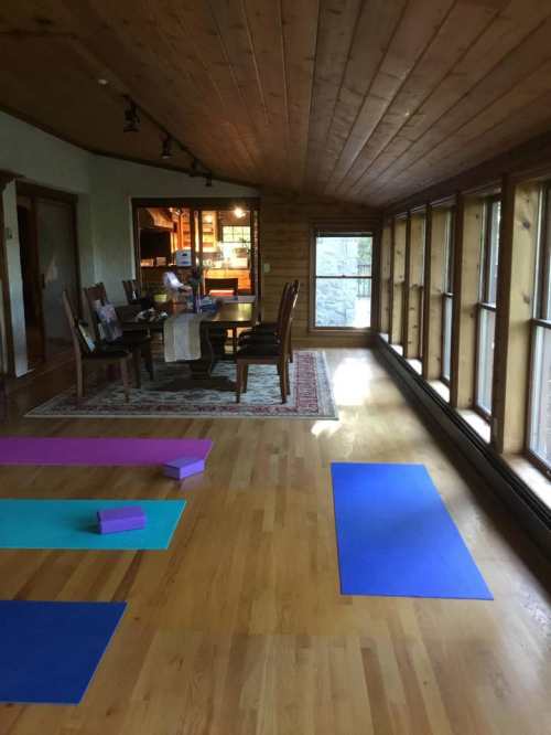 A spacious room with wooden floors, yoga mats in vibrant colors, and large windows letting in natural light.