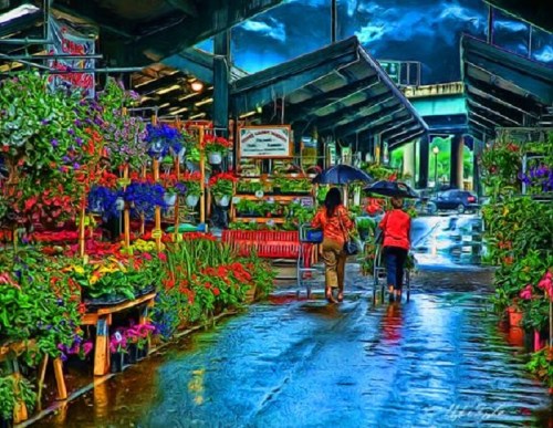 A vibrant market scene with colorful flowers, two people walking under umbrellas, and a rainy atmosphere.