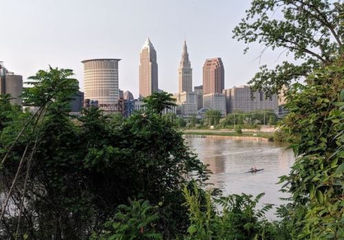 Cleveland skyline with tall buildings reflected in the river, framed by lush greenery in the foreground.