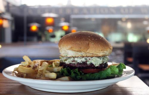 A close-up of a burger with lettuce, tomato, and a creamy topping, served with a side of golden fries on a plate.