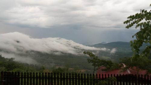 A misty landscape with rolling hills under a cloudy sky, framed by trees and a wooden fence in the foreground.