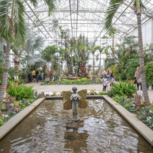 A lush greenhouse filled with tropical plants, featuring a central pond and visitors exploring the vibrant surroundings.