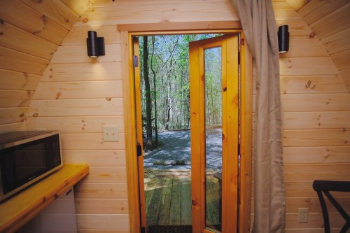 View from inside a cozy wooden cabin, showcasing a door open to a serene forest path.