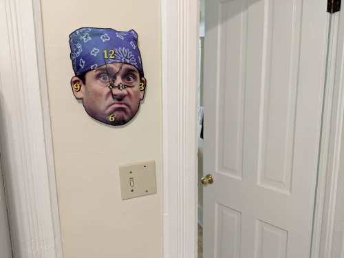 A humorous clock featuring a man's face with a bandana, where the numbers are placed around his face.