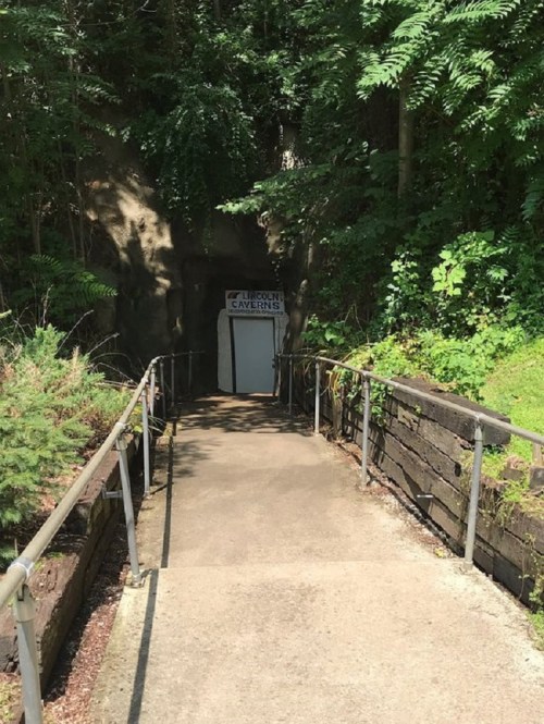 A pathway leads down to a cave entrance surrounded by lush greenery and trees.