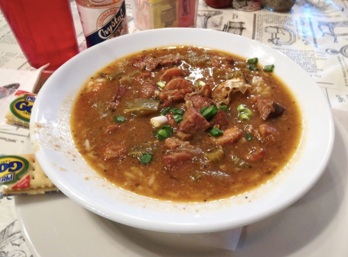A bowl of hearty soup with chunks of meat, vegetables, and green onions, served with crackers on the side.