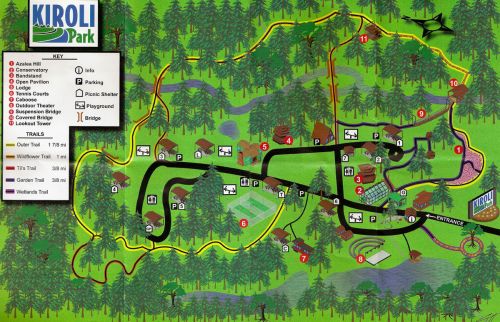 Map of Kiroli Park showing trails, facilities, and landmarks like playgrounds, pavilions, and parking areas.