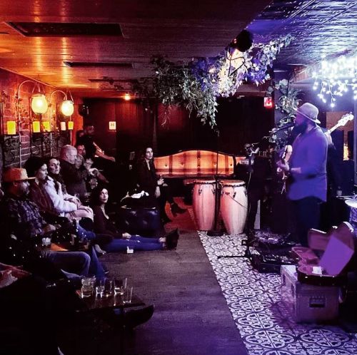 A musician performs on stage in a cozy venue, with an audience seated and enjoying the live music.