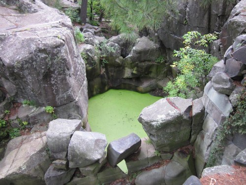A rocky landscape featuring a small, green pond surrounded by large stones and vegetation.