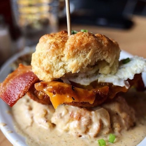A hearty biscuit sandwich with bacon, cheddar, and a fried egg, served on creamy gravy with green onion garnish.