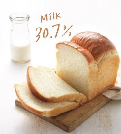 A loaf of sliced bread on a wooden board next to a bottle of milk, with "Milk 30.7%" written above.
