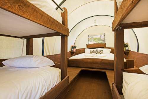 Cozy interior of a glamping tent featuring bunk beds and a double bed, with warm wooden accents and soft bedding.