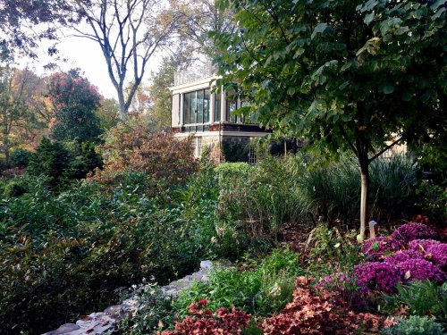 A lush garden with colorful flowers in the foreground and a modern house surrounded by trees in the background.
