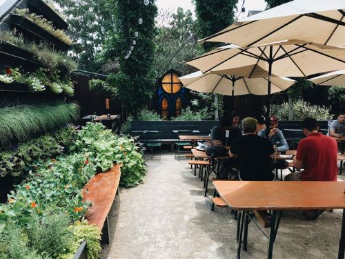 Outdoor dining area with wooden tables, umbrellas, and lush greenery, featuring people enjoying their meals.