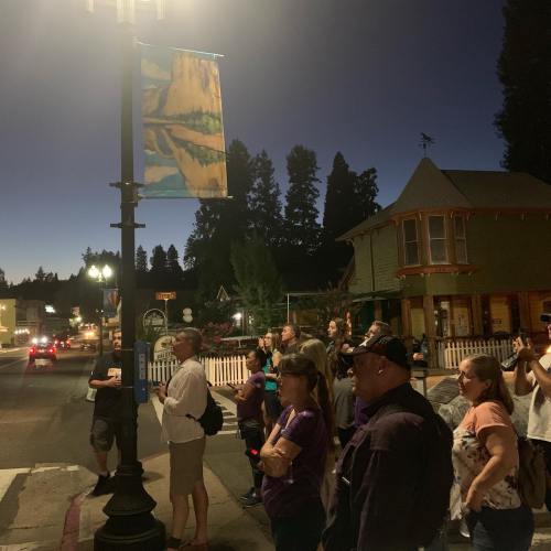 A crowd gathers on a street at night, looking towards a banner and illuminated buildings in the background.