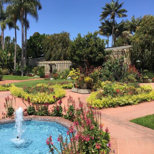 A vibrant garden with colorful flowers, a small fountain, and palm trees under a clear blue sky.