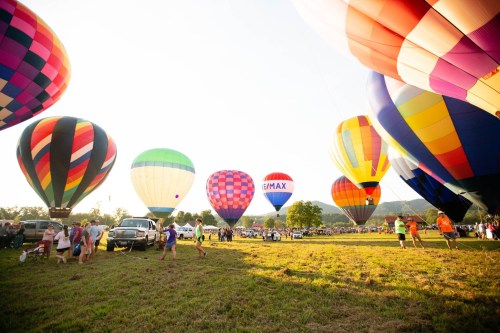 Colorful hot air balloons fill the sky at a festival, with people and vehicles on the ground enjoying the event.