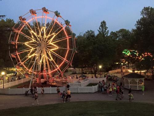 A brightly lit Ferris wheel at dusk, surrounded by a lively fair with people enjoying the festivities.