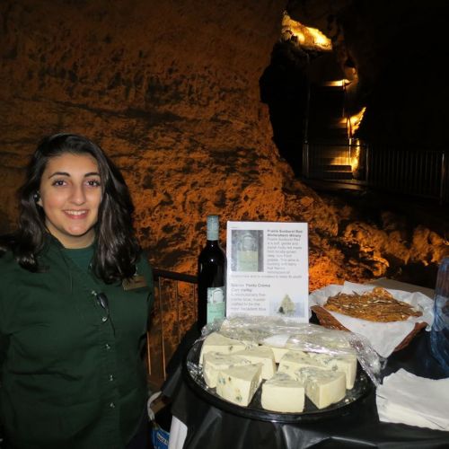 A woman stands beside a table with cheese, wine, and snacks in a cave setting, illuminated by soft lights.