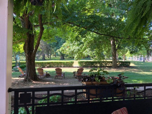 A serene outdoor scene with green trees and wooden chairs arranged on a grassy lawn.