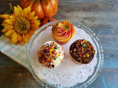 Three colorful cupcakes on a glass plate, surrounded by a sunflower and pumpkins, set on a rustic wooden table.