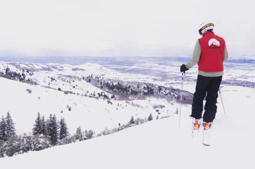 A skier in a red vest stands on a snowy slope, overlooking a vast valley and distant mountains under a cloudy sky.