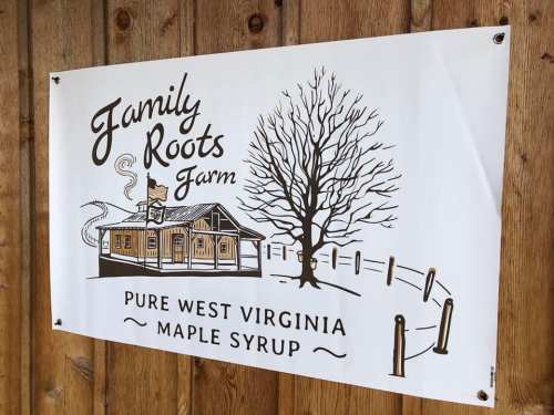 Banner for Family Roots Farm featuring a tree, farmhouse, and text: "Pure West Virginia Maple Syrup."