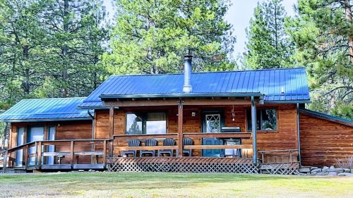 A cozy wooden cabin with a blue metal roof, surrounded by tall trees and a grassy area.