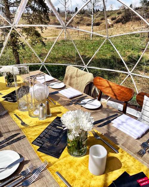 A cozy dining setup inside a geodesic dome, featuring a yellow tablecloth, flowers, and scenic outdoor views.