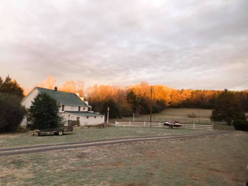 A white farmhouse with a green roof, surrounded by trees and a field, illuminated by warm morning light.