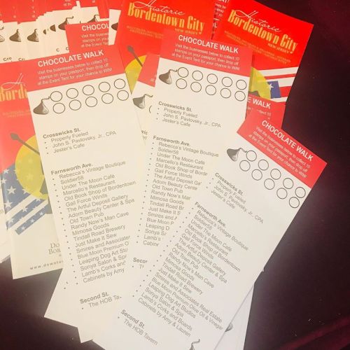 A collection of flyers for the Bordentown City Chocolate Walk, listing participating businesses and locations.